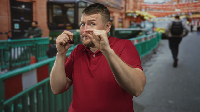 Man in red polo shirt pinches a tiny cherry by the stem between fingers near a green barrier on a crowded street; playful teasing.