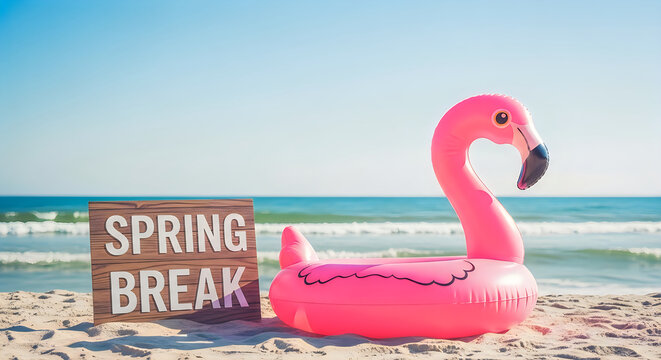Spring break beach scene with pink flamingo float and wooden sign