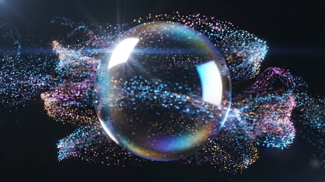 Abstract transparent sphere with particle effects on black background