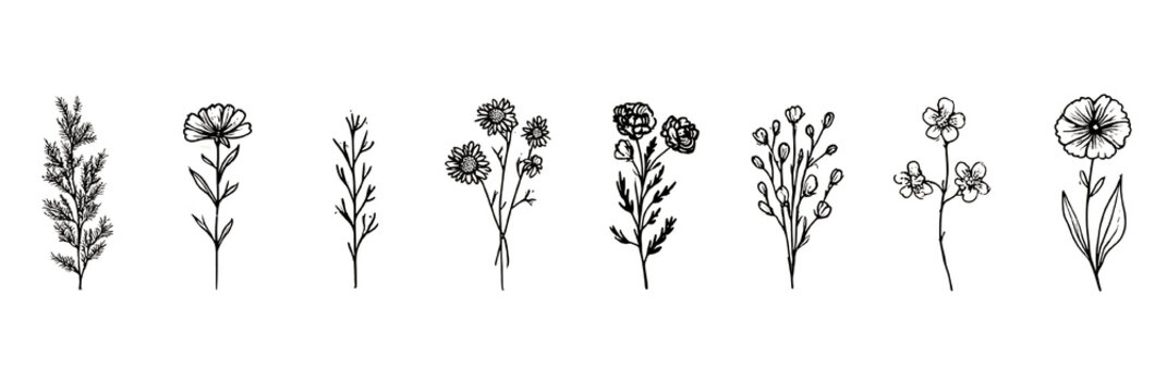 Set di illustrazioni botaniche in bianco e nero disegnate a mano, con fiori stilizzati e rami, perfette per design organici e decorazioni minimaliste.