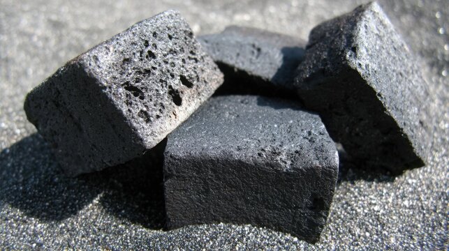 Cluster of dark, porous basalt rock fragments with rough textures on a granular surface.