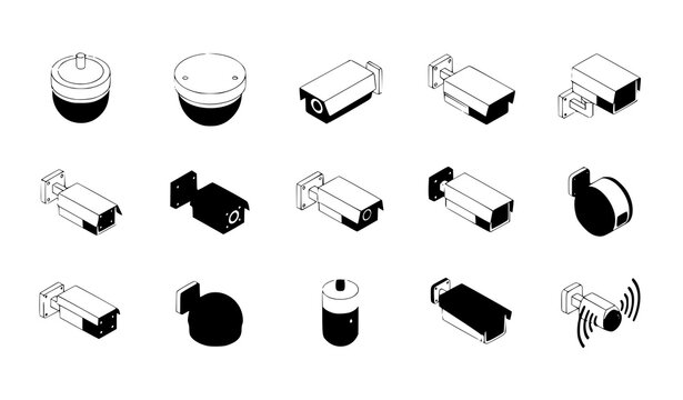 Isometric security camera icon set with CCTV surveillance devices isolated on white vector