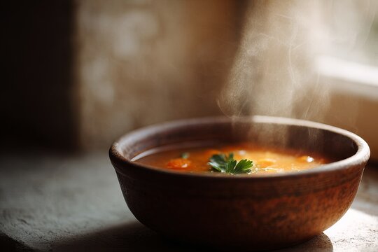 Cozy hot soup with visible steam and rustic clay bowl in warm morning light.