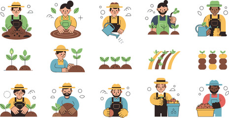 Obraz premium Farmers Gardening and Agriculture Characters Set with Planting Watering Harvesting Activities Cartoon Style for Organic Farming and Vector Illustration Design.