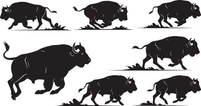 Set of black bison silhouettes in various running poses and positions