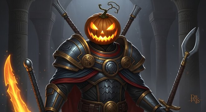 A formidable warrior with a Jack-o'-lantern head, clad in ornate armor and wielding fiery weapons, stands ready for battle in a mystical setting