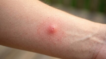 Fototapeta premium Insect Bite on Human Arm with Red Swollen Skin Reaction