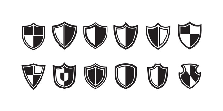 Shield icons, security symbols, black and white graphics, vector emblems, protection logos