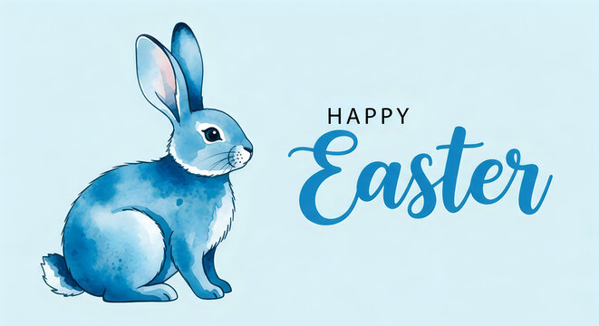 Watercolor blue easter bunny illustration with calligraphic 'happy easter' text