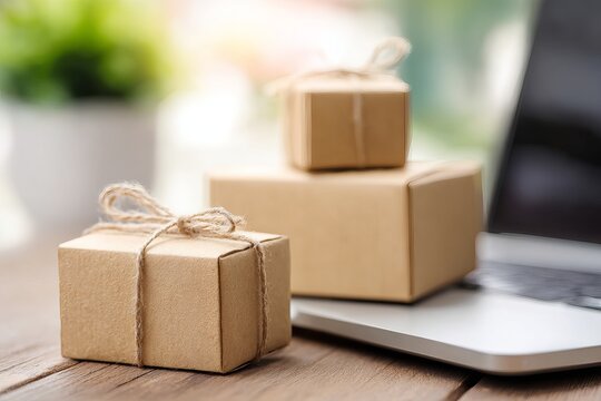 Eco-friendly e-commerce shipping setup with sustainable boxes and a laptop.