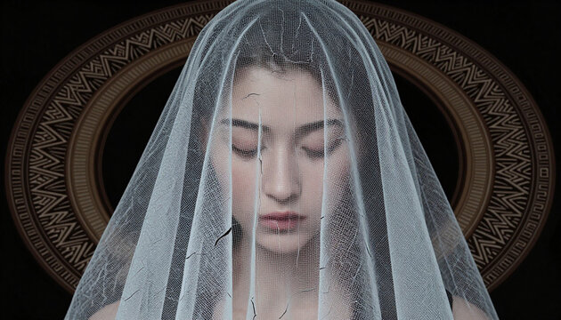 Veiled Woman with Torn Wedding Veil Against Ornate Circular Background