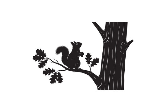 Black squirrel silhouette on tree branch, forest animal icon, wildlife symbol, vector illustration