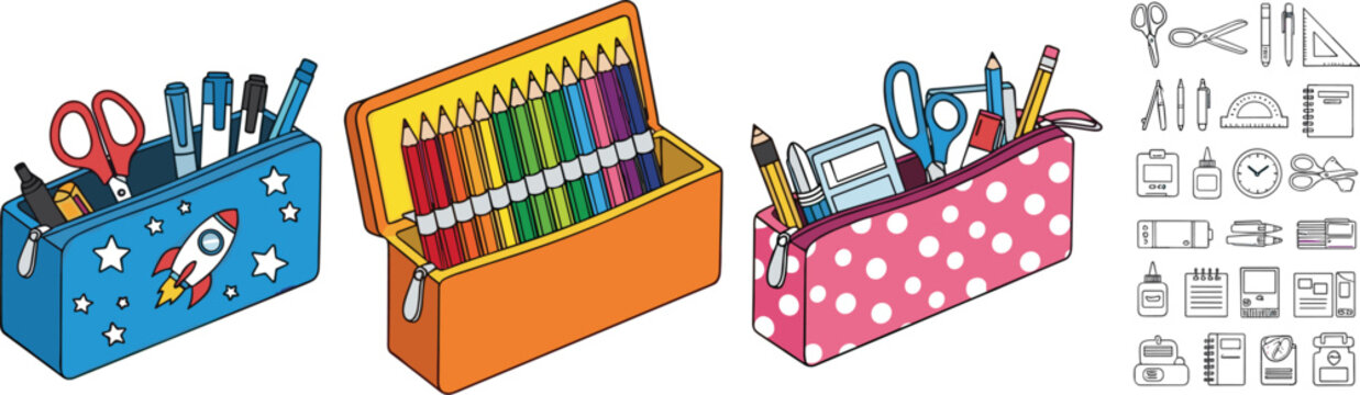 Colorful Pencil Case Set with School Supplies, Crayons, Scissors, and Fun Designs for Kids, Students, and School Accessories