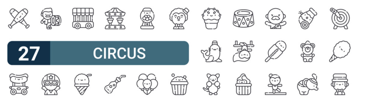 27 thin line Circus icons set for web, mobile apps and digital interface design featuring Juggling, hot dog, drum, human, jail, ice cream, carousel, soda and gumball hine. Editable stroke vector