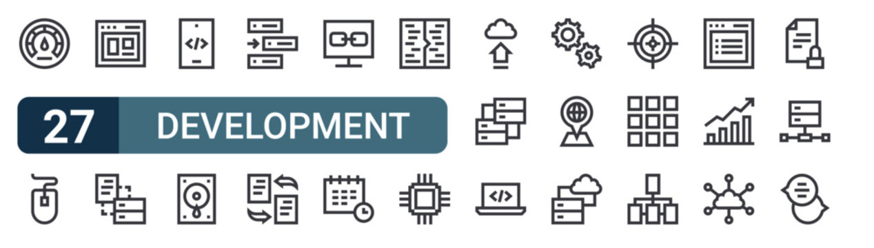 27 thin line Development icons set for web, mobile apps and digital interface design featuring optimization, computer mouse, website, database, code, pc, css, flies and link. Editable stroke vector