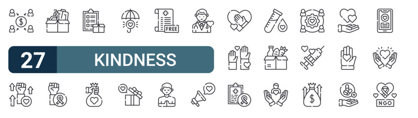 Fototapeta premium 27 thin line Kindness icons set for web, mobile apps and digital interface design featuring crowdfunding, give, medical, support, donation, donation, health insurance, gift and No. Editable stroke