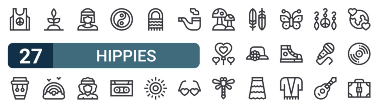 27 thin line Hippies icons set for web, mobile apps and digital interface design featuring t shirt, conga, plant, rainbow, hippy, hippy, ying yang, caste and handbag. Editable stroke vector