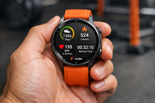 A person holds a fitness watch displaying workout data on the screen.
