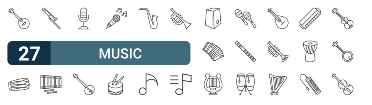 27 thin line Music Instruments icons set for web, mobile apps and digital interface design featuring mandolin, dholak, trombone, xylophone, microphone, sitar, microphone, drum and saxophone.