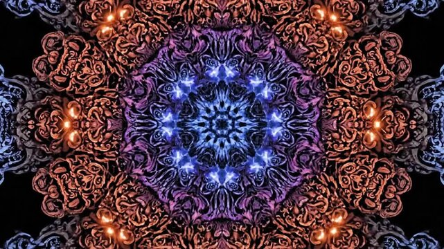 Abstract colorful mandala design with repeating floral patterns on black