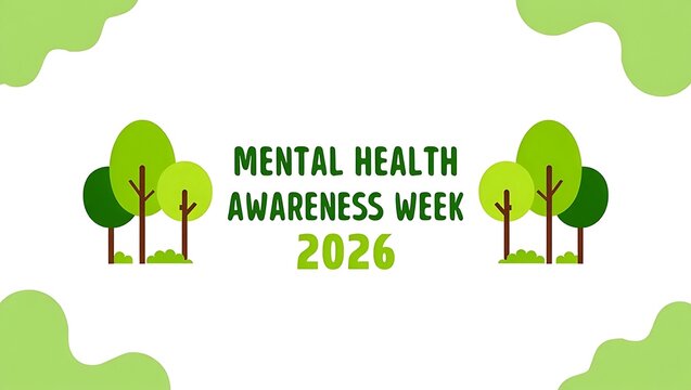 Mental health awareness week 2026 green trees on white background with green abstract shapes