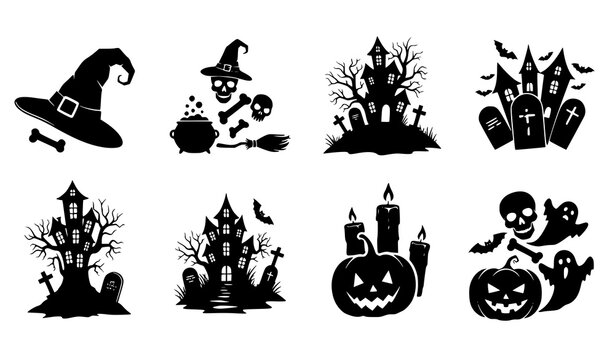 Halloween silhouette vector bundle with witchcraft haunted house skull pumpkin and spooky decorative icon set