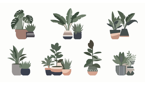 Abstract houseplants in flowerpots vector set with modern indoor plant decor collection for branding and design