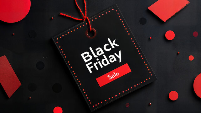 Black friday sale tag on dark background with red accents and confetti