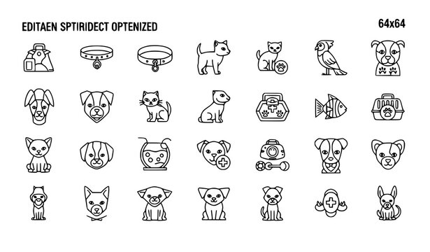 Pet outline icon set thin line editable stroke pixel perfect 64x64 modern animal vector icons