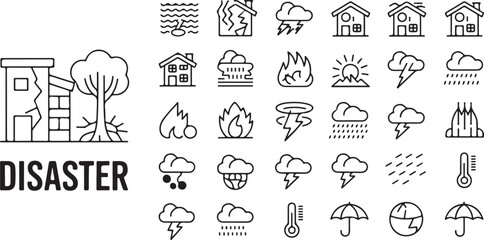 Obraz premium Set of disaster vector icons showing natural hazards like earthquake, flood, storm, fire, and other catastrophes.
