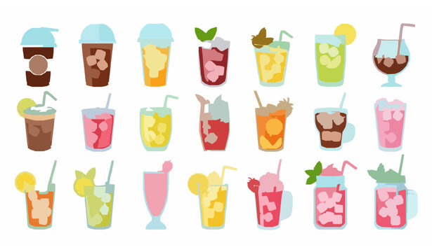 Assorted iced drinks vector set with coffee tea juice smoothie and cold beverages in cups isolated on white