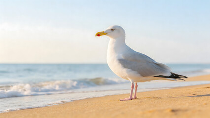 Fototapeta premium Seagull on sandy beach by ocean