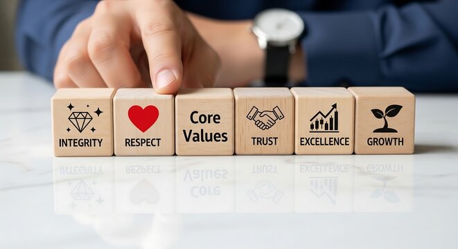 Wooden blocks with icons representing core business values like integrity, respect, trust, excellence, and growth are arranged in a line.