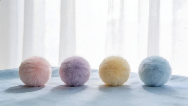 Colorful fluffy pom poms on fabric