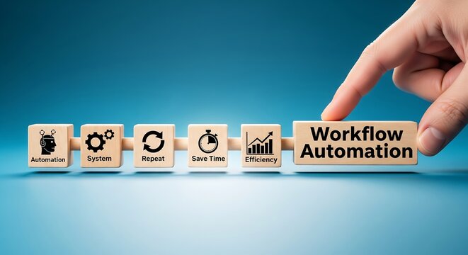 Hand selecting a wooden block labeled 'Workflow Automation' from a sequence of blocks representing business process steps.