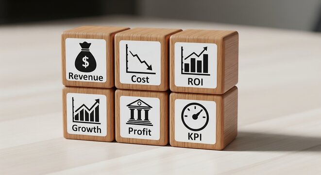Six wooden blocks with business-related icons and text, representing concepts like revenue, cost, ROI, growth, profit, and KPI, arranged in a 2x3 grid.
