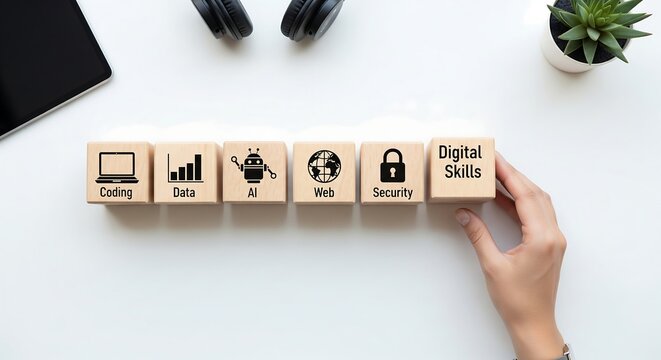 A hand arranges wooden blocks with icons representing digital skills like coding, data, AI, web, and security.