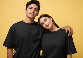 Fototapeta premium Black oversized t-shirt mockup couple model studio yellow background