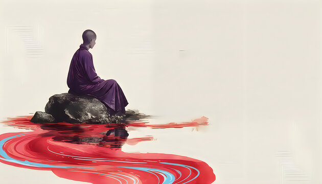 Serene monk in purple robes meditating on rock amidst flowing red and blue ink river, Japanese art style