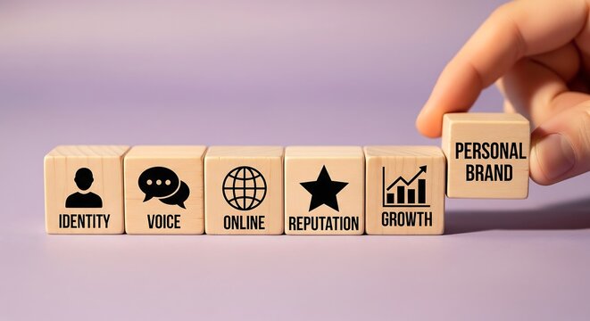 Wooden blocks with icons representing personal branding elements like identity, voice, online presence, reputation, and growth, with a hand placing the final 'Personal Brand' block.