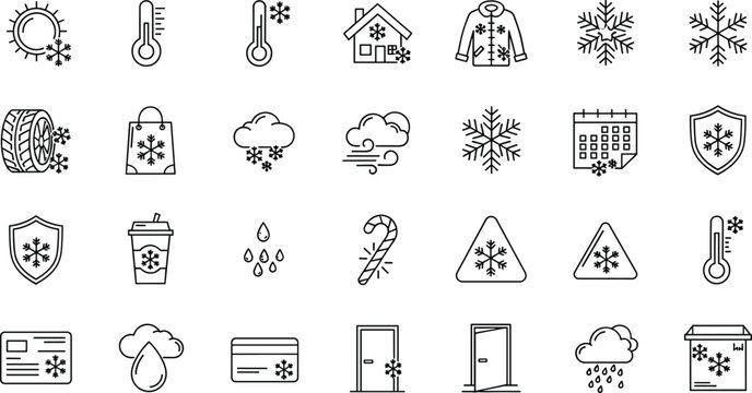 Collection of winter weather icons representing cold, snow, and seasonal elements.