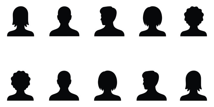Collection of ten black silhouette human head icons on white background