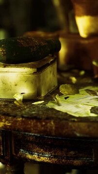 A rustic workspace sprawls with old tools and materials. Papers are strewn across a weathered table, hinting at creative pursuits. Warm light flickers, casting magical shadows around the scene.