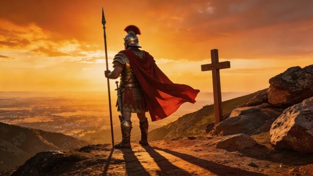 The silhouette of a centurion atop the mountain peak, gazing down upon the grasslands bathed in the lingering glow of the setting sun&mdash;an epic scene of historical reenactment.