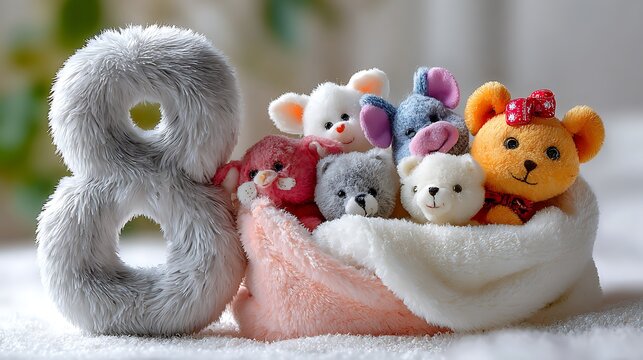 Plush number eight with miniature teddy bears celebrating birthday or anniversary on soft background