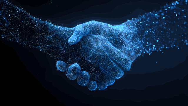 Handshake formed by shimmering blue light particles represents a high-tech corporate merger.