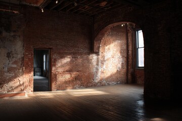 Fototapeta premium Empty loft with exposed brick walls and large window