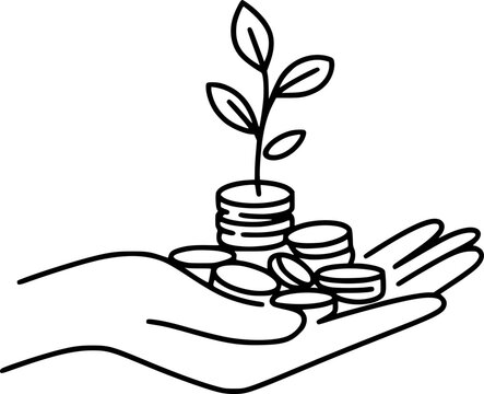 Hand holding stack of coins with growing plant symbolizing financial growth and investment