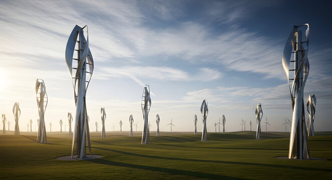 Futuristic vertical axis wind turbine farm in a green field at sunset, sustainable renewable energy source, innovative clean technology for environmental conservation, conceptual 3D illustration 