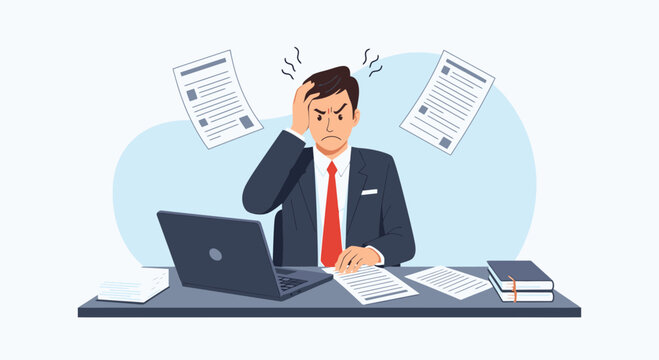 Minimal flat illustration of frustrated accountant top view with scattered papers